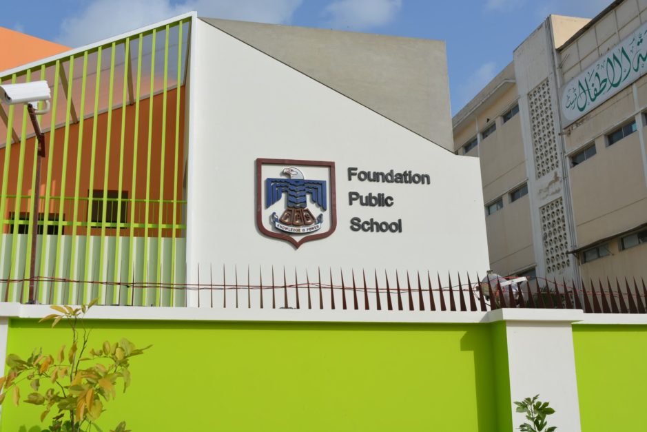 Foundation Public School building and name plate