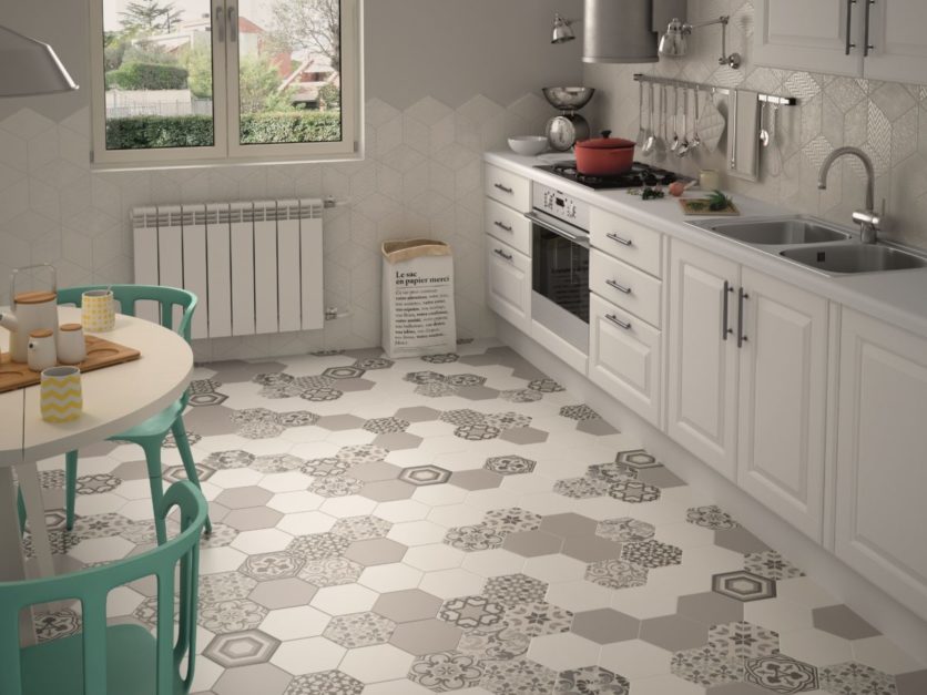 Hexagonal Harmony chips flooring in a kitchen