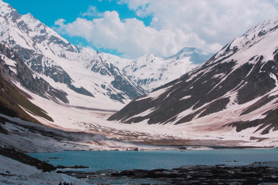 snow on the mountain and lake 