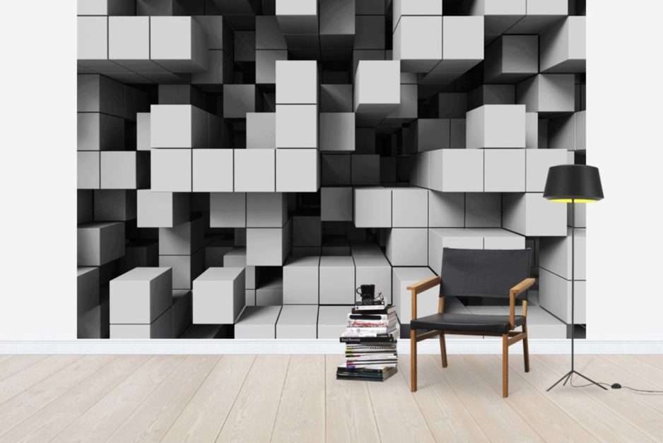 Geometric Illusions wall with chair and books in the front