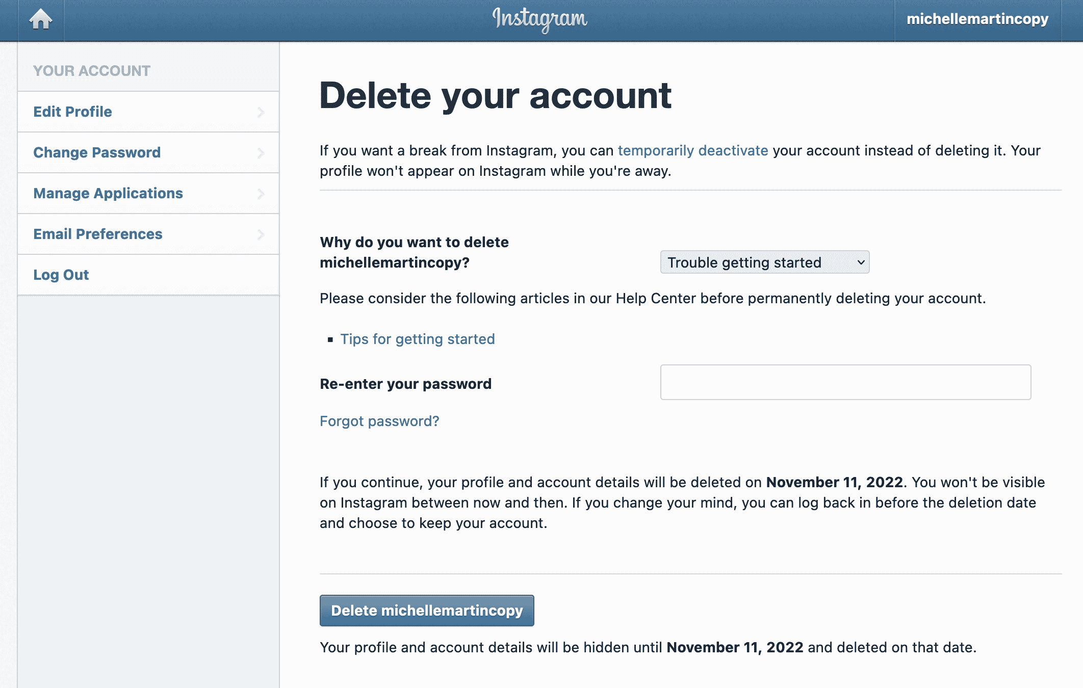 Screenshot of account deletion page on Instagram web