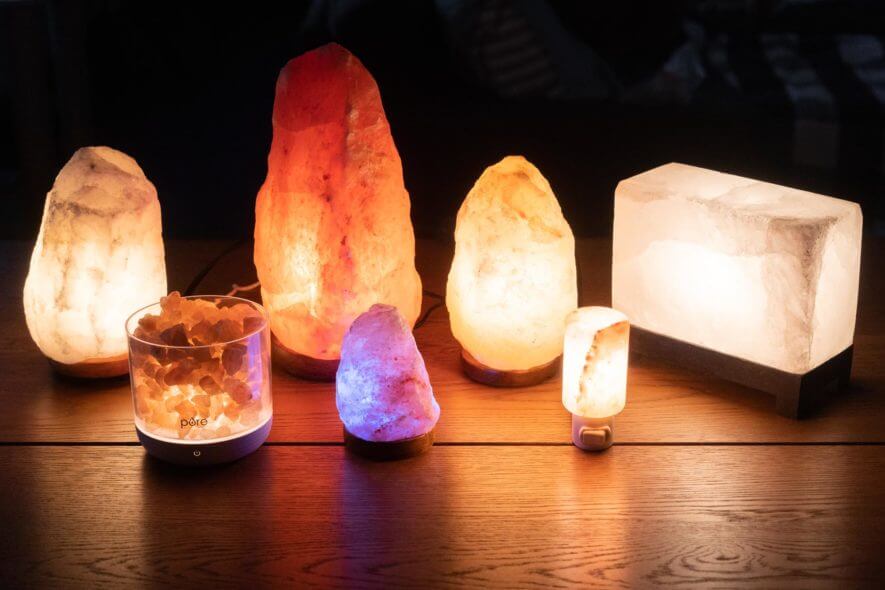 different salt lamps lit