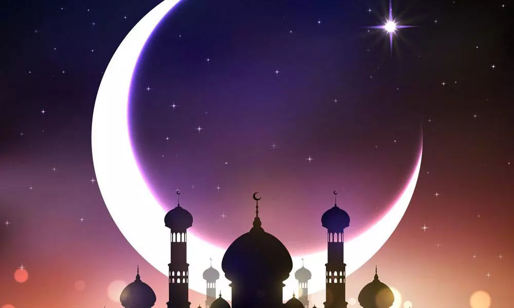 Animated art of moon star and mosque to represent Ramadan