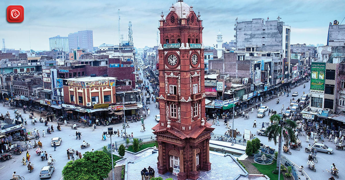 Ariel view of clock tower in Faisalabad