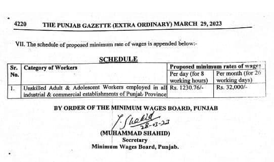 An official notification for Minimum Wage in Punjab