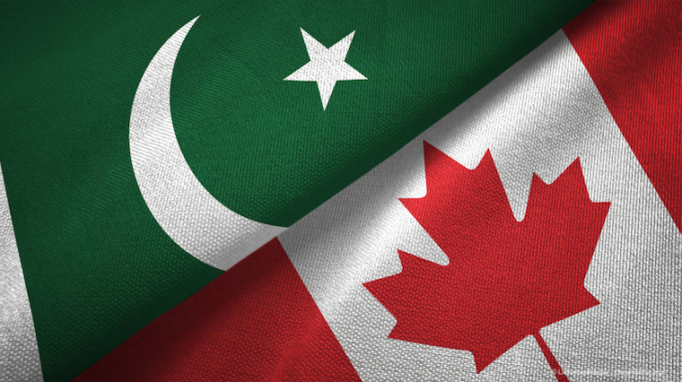 Pakistan and Canada flags together textile cloth, fabric texture