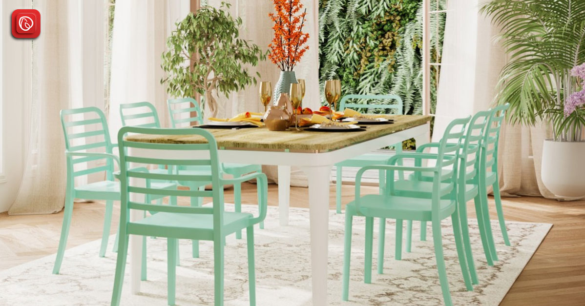 Dining table with blue plastic chairs