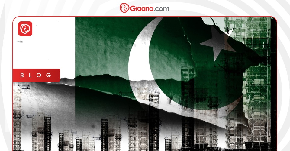 Flag and buildings represting real estate in Pakistan